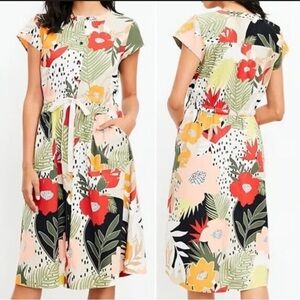 LOFT Tropical Midi Print Dress Utility Pocket Shirtdress Sz 2P